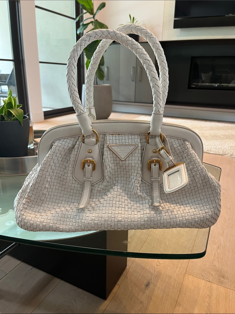 Vintage Prada White Woven Leather Handbag